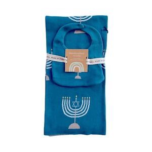 HANUKKAH Blue & Ivory Knit Reversible Baby Blanket and Bib Set NWT